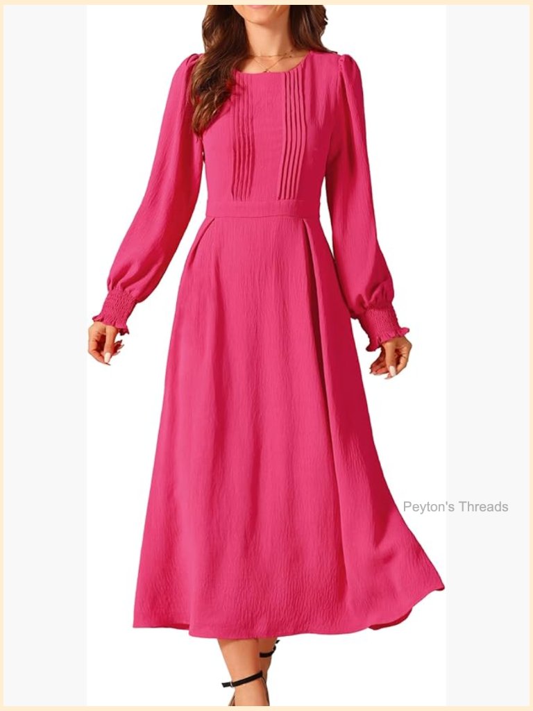 Frilled Crewneck Long Sleeve A-Line Midi Dress With Pockets